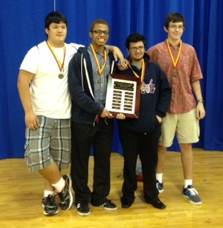 Ms. Qians Chinese students (from left) Jarrett Lynn, Tyson Thorpe, Benjamin Aviv, and Alexander Glotov won the state championship in Chinese Culture Jeopardy Game.