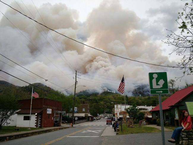 One of the dozens of wildfires plaguing the southern U.S. burns in the mountains outside of Hot Springs, North Carolina.