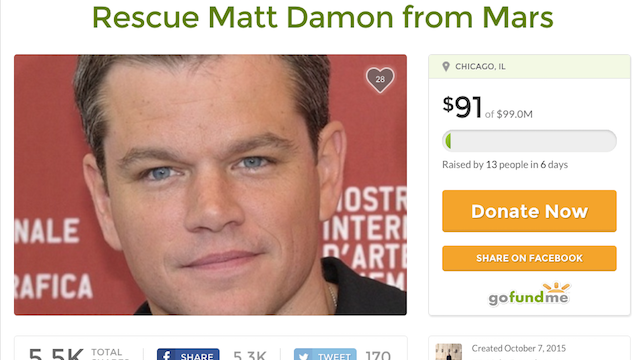 A GoFundMe page based on the the film The Martian was established to bring Matt Damon home from Mars 