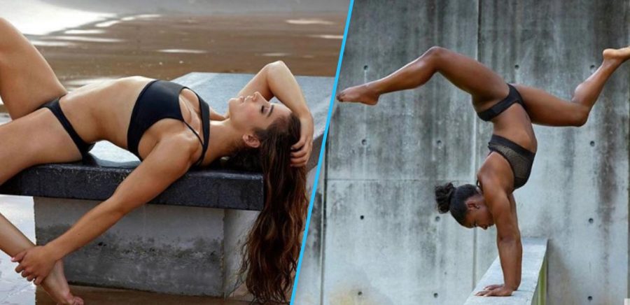 U.S. gymnasts Aly Raisman (left) and Simone Biles (right) in poses for the 2017 Sports Illustrated swimsuit issue.