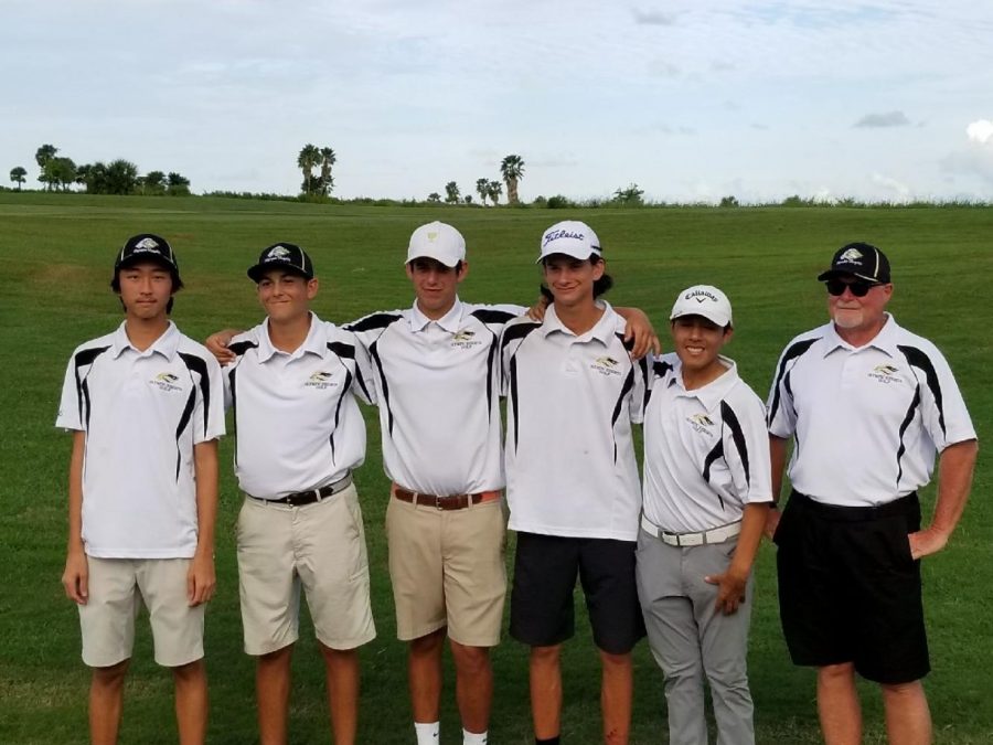 The Olympic Heights regional qualifying boys golf team (from the left): Justin Cao, Matthew Hicks, Oliver Kiely, Brooks Lamb, and Christian Ayala. Coach David Keithley is on the right.