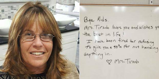 Diane Tirado left this message on the classroom white board for her students after she was allegedly fired for refusing to give a minimum grade of 50 percent for work not turned in.