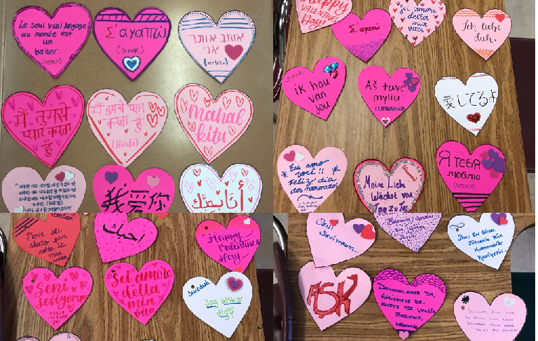 For Valentines Day, the Olympic Heights International Club made cards with messages written in multiple languages and hung them throughout the school.