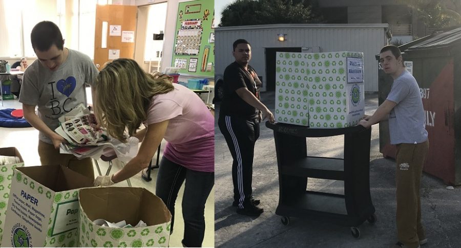 Ms. Lori Niemann (right) and Bentzy of the Olympic Heights Autistic Spectrum Disorder Unit sort through the paper recycling cartons to remove the un-recyclable items.  Then, ASD Unit paraprofessional Mr. Kiefer and Bentzy take the paper to the recycling bins behind the cafeteria.