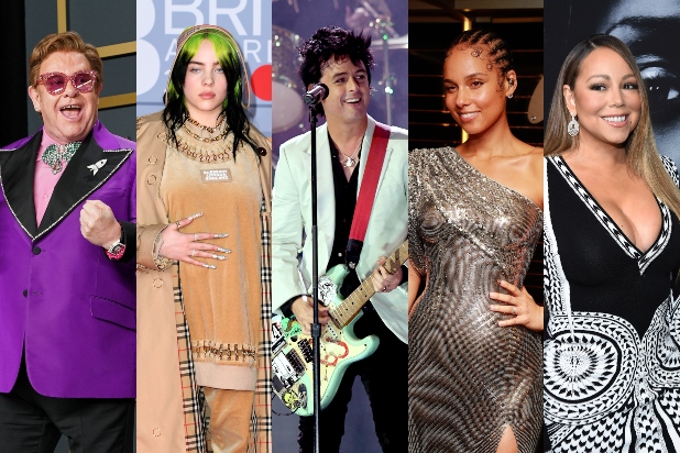 The  iHeartRadio Living Room Concert for America that raised over $10 million for pandemic relief, featured (from left to right); Elton John, Billie Eilish, Billy Joe Armstrong, Alicia Keys, Mariah Carey, and a host of other celebrities.