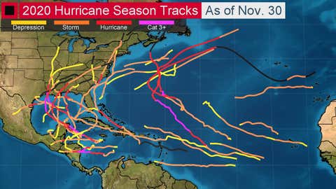 No, thats not New Years Eve confetti streamers covering the southeast United States. Its the tracks of the 30 named storms of the 2020 Atlantic hurricane season.