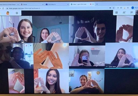 The Olympic Heights DECA Club, made up of students in the Hospitality & Tourism Academy, have a club meeting via a Google Meet.