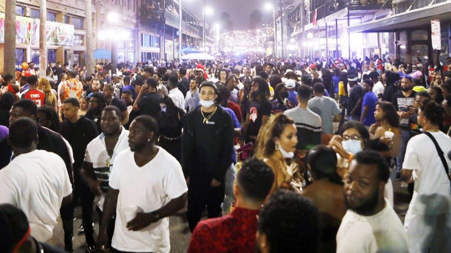 Large crowds gathered in the Ybor City district of Tampa the on Super Bowl LV eve.
