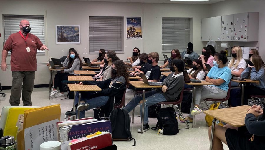 Olympic Heights students, such as those in Mr. Michael Taylor's fourth period AICE Global Perspectives class, have been adhering to the school district's mandatory mask mandate.
