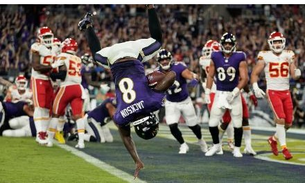 Baltimore Ravens quarterback Lamar Jackson does a flip into the end zone on his touchdown run in the Ravens win over the Kansas City Chiefs on the NFLs week two Sunday night game.