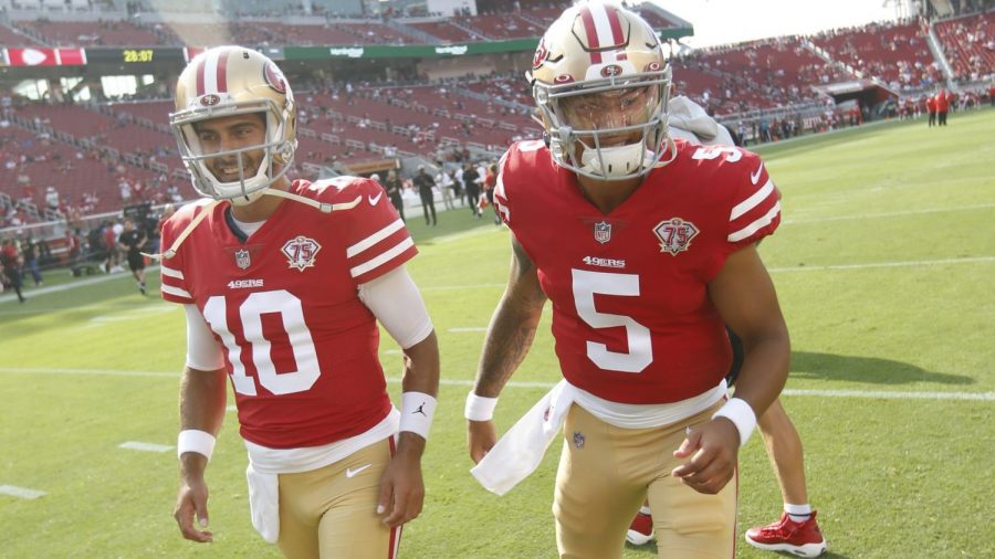Jimmy+Garoppolo+%28%2310%29+beat+out+rookie+Trey+Lance+%28%235%29+in+a+close+contest+for+the+San+Francisco+49ers+starting+quarterback+job.