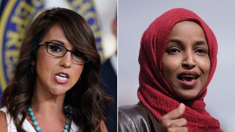 At a recent speaking engagement, Rep. Lauren Boebert of Colorado (left) told an anecdote suggesting that Rep. Illhan Omar of Minnesota (right), a Muslim, is a terrorist.