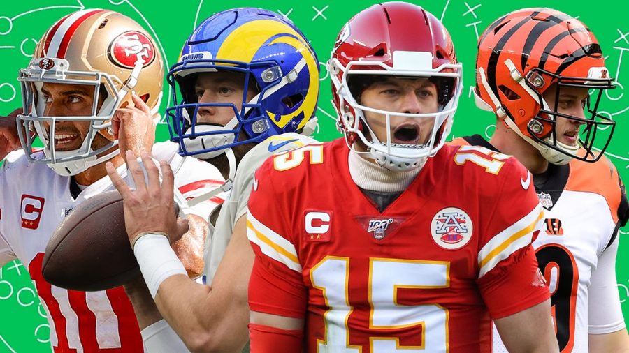 Quarterbacks (from left) Jimmy Garappolo (49ers), Matthew Stafford (Rams), Patrick Mahomes (Chiefs), and Joe Burrow (Bengals) will be leading their teams into Sundays NFL Conference Championship games to determine which two will advance to the Super Bowl.