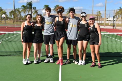 Senior players on the Olympic Heights tennis teams are (from left): Zoe Siegel, Brooke Hollander, Mason Sacher, Makayla Lewis, Tyler Levin, Livia Vieira, and Ariana Fromm. 