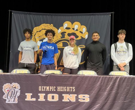 Olympic Heights student/athletes that signed letters of intent to continue their athletic careers at the collegiate level are (from left): Caleb Mackrey (basketball), Brady Thomas (basketball), Maddy Wicihowski (softball), Will Eltringham (football), and Kyle Dzarnowski (basketball).