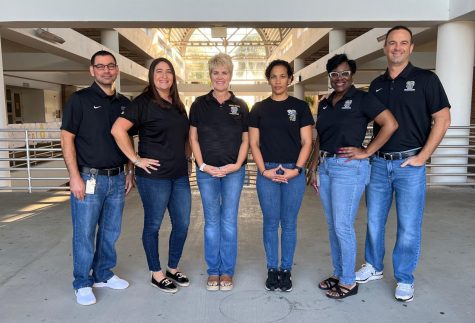 The Olympic Heights administration is made up of principal Ms. Kelly Burke (third from left) and assistant principals (from left)  Mr. Hal Videtto, Ms. Sara Borah, Ms. Sara Riley, Ms. FeLicia Durden, and Mr. Frank DAnnunzio. Not pictured: Ms. Stacey Belton.