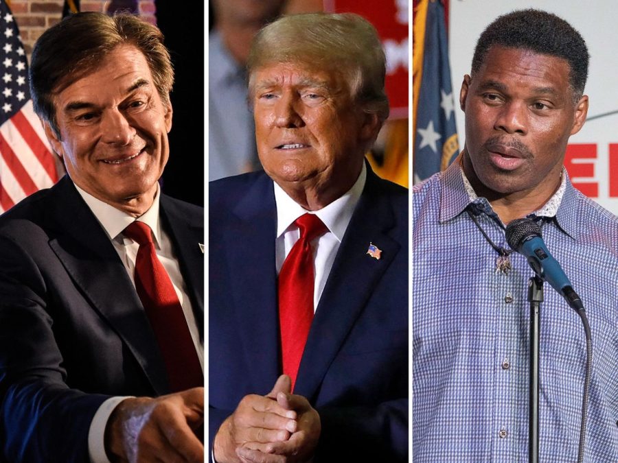 Two+of+former+president+Donald+Trumps+%28center%29+hand-picked+celebrity+Senatorial+candidates%2C+Dr.+Mehmet+Oz+%28left%29+and+Herschel+Walker+%28right%29+lost+in+the+2022+midterm+elections.